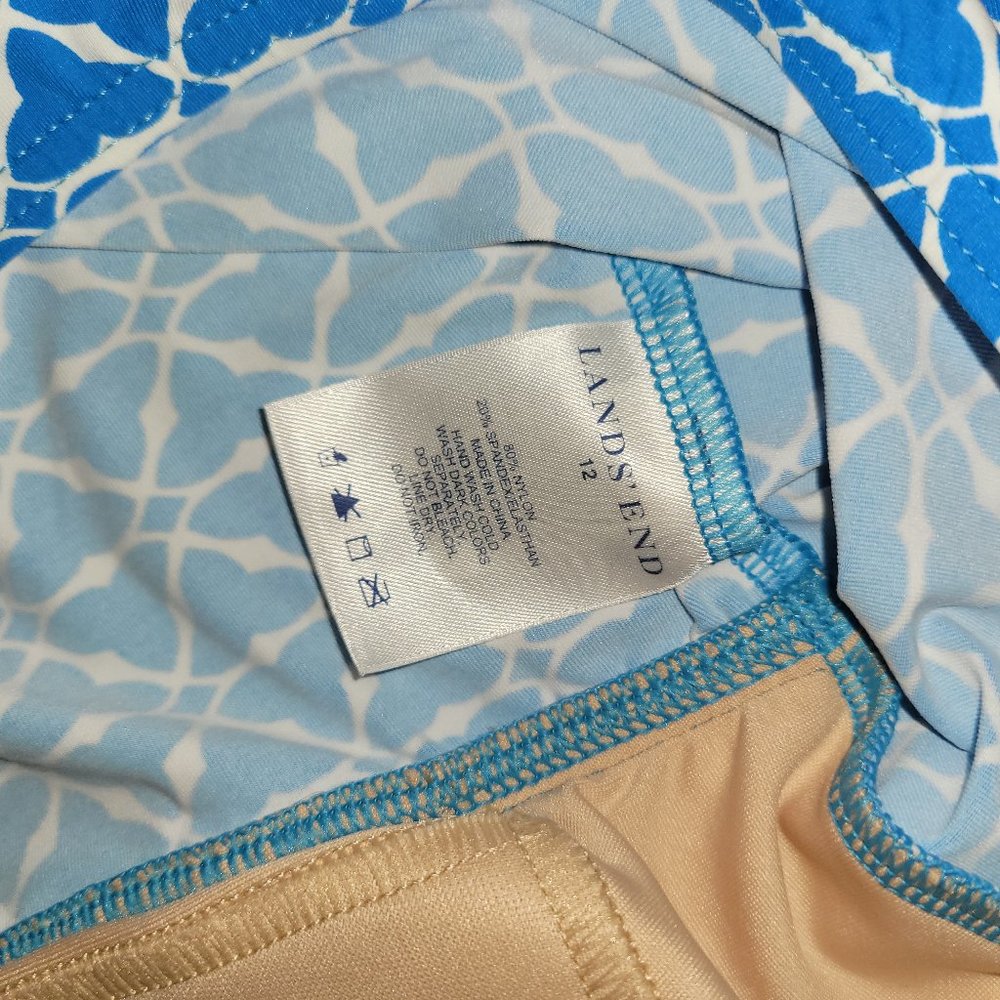 Lands' End Bright Blue Geo Print Halter Tankini Swim Top 12 - Picture 3 of 3